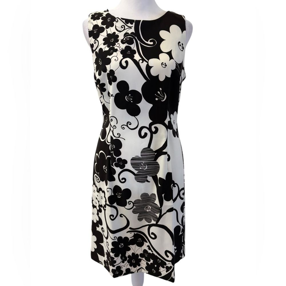 Connected Apparel Black White Abstract Retro Floral Sleeveless Dress Size 8